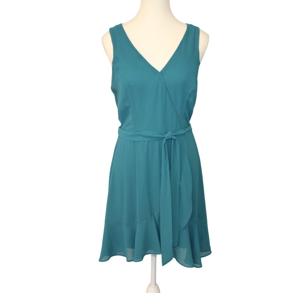 BCX Womens Sleeveless Mini Cocktail Wrap Dress Size M Teal V Neck Ruffles